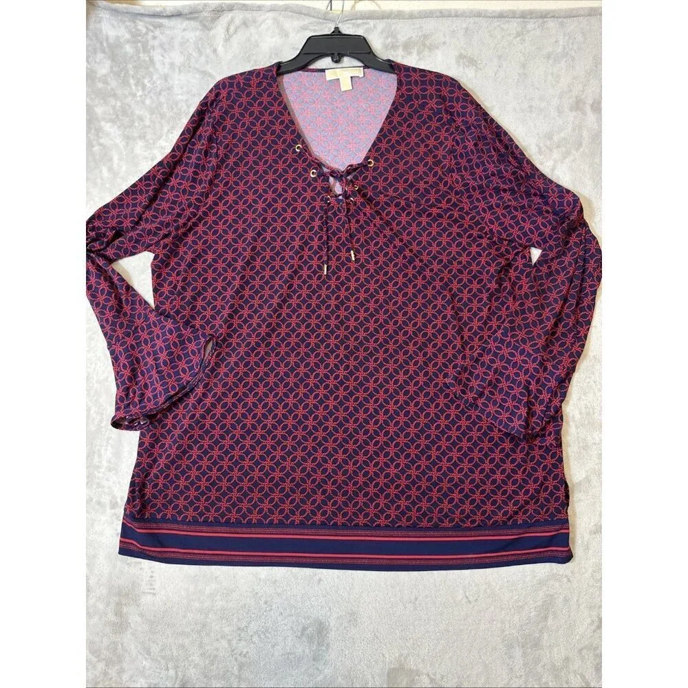 Michael Kors Plus Size 3X Lace Up V-Neck Tunic Blouse Geometric Print